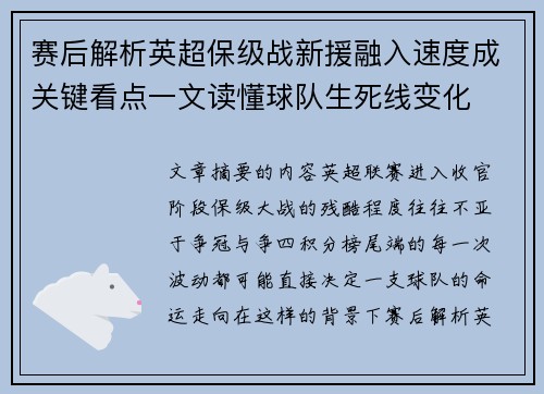 赛后解析英超保级战新援融入速度成关键看点一文读懂球队生死线变化 赛后解析英超保级战新援融入速度成关键看点一文读懂球队生死线变化
