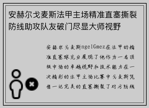 安赫尔戈麦斯法甲主场精准直塞撕裂防线助攻队友破门尽显大师视野