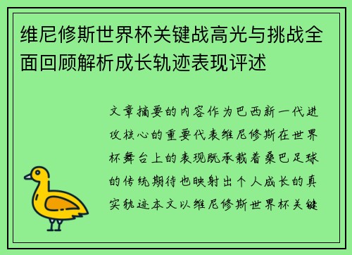 维尼修斯世界杯关键战高光与挑战全面回顾解析成长轨迹表现评述 维尼修斯世界杯关键战高光与挑战全面回顾解析成长轨迹表现评述