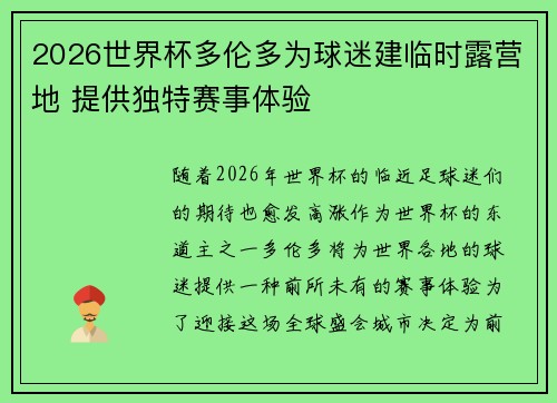 2026世界杯多伦多为球迷建临时露营地 提供独特赛事体验